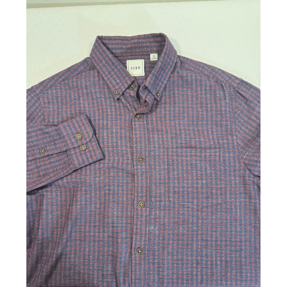 ROWM Button Down Shirt Mens Medium Red Blue Gingham Grid Long Sleeve OfficeEUC